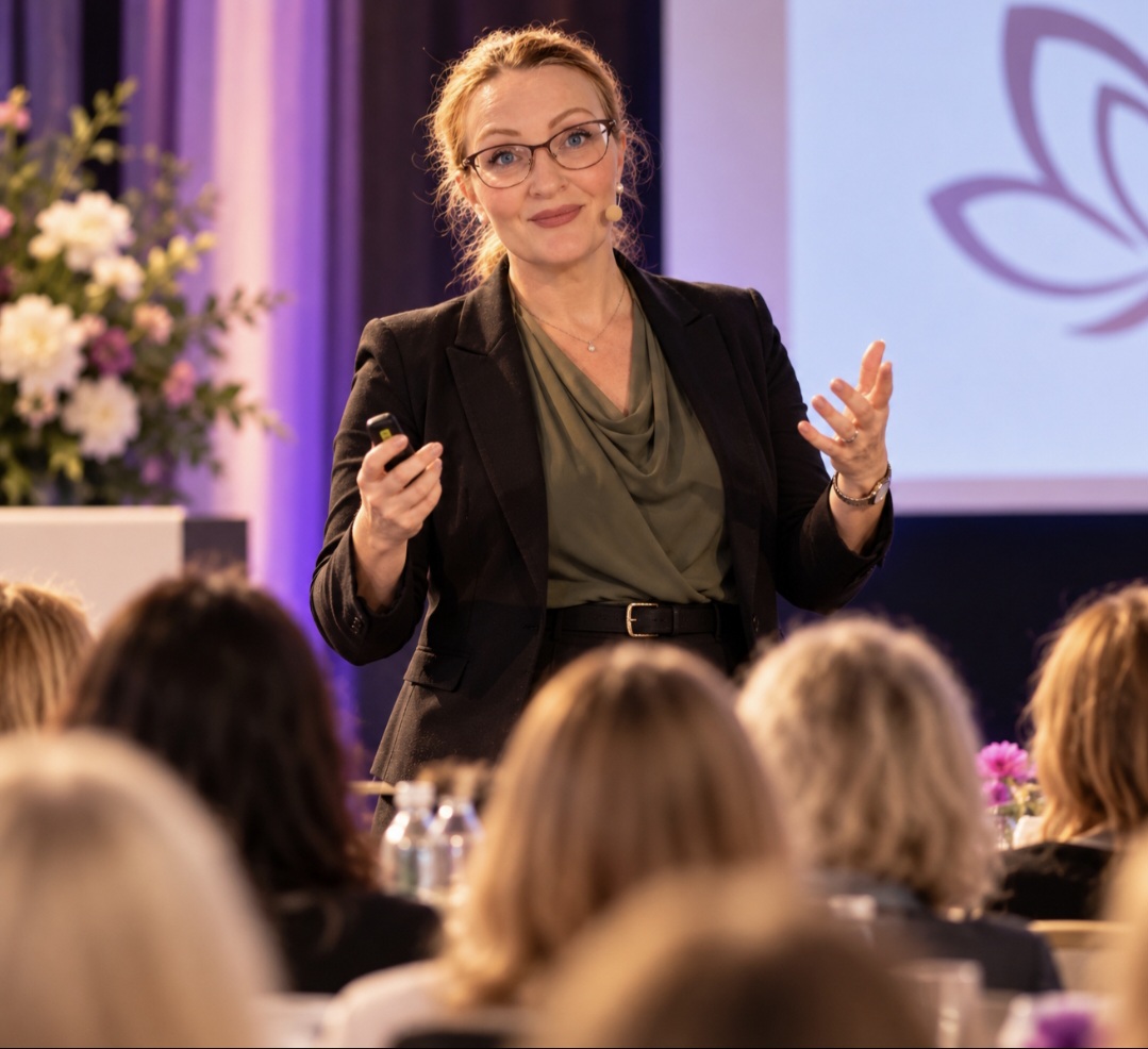 Bea Marshall speaking on stage to an audience